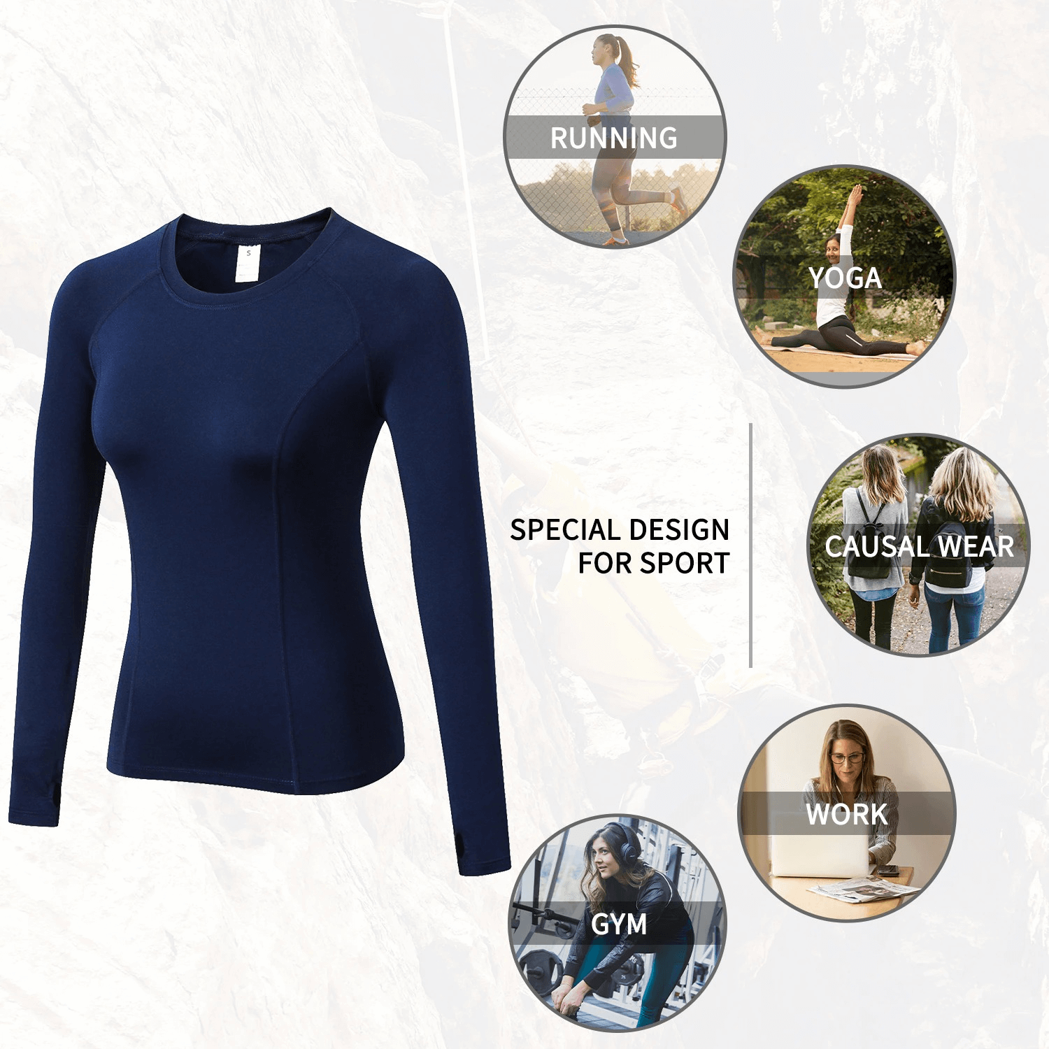 Women's thumb hole running top, perfect for yoga, gym, and work. Breathable and sweat-wicking in navy blue. Special sport design.